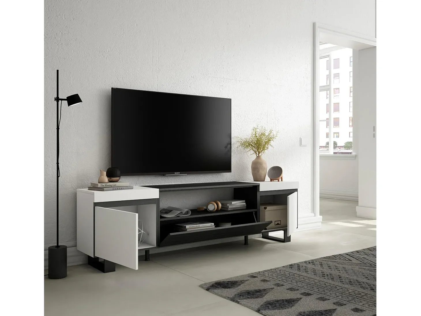 Mueble TV, Televisión, 200x35x57cm, Para TV hasta 80", Diseño industrial, Blanco y negro