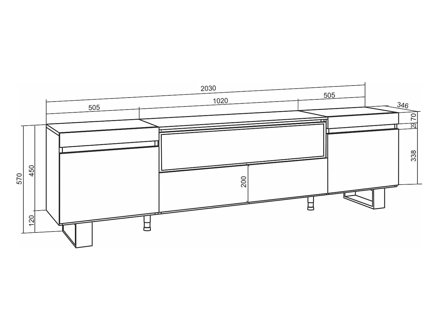 Mueble TV, Televisión, 200x35x57cm, Para TV hasta 80", Diseño industrial, Blanco y negro