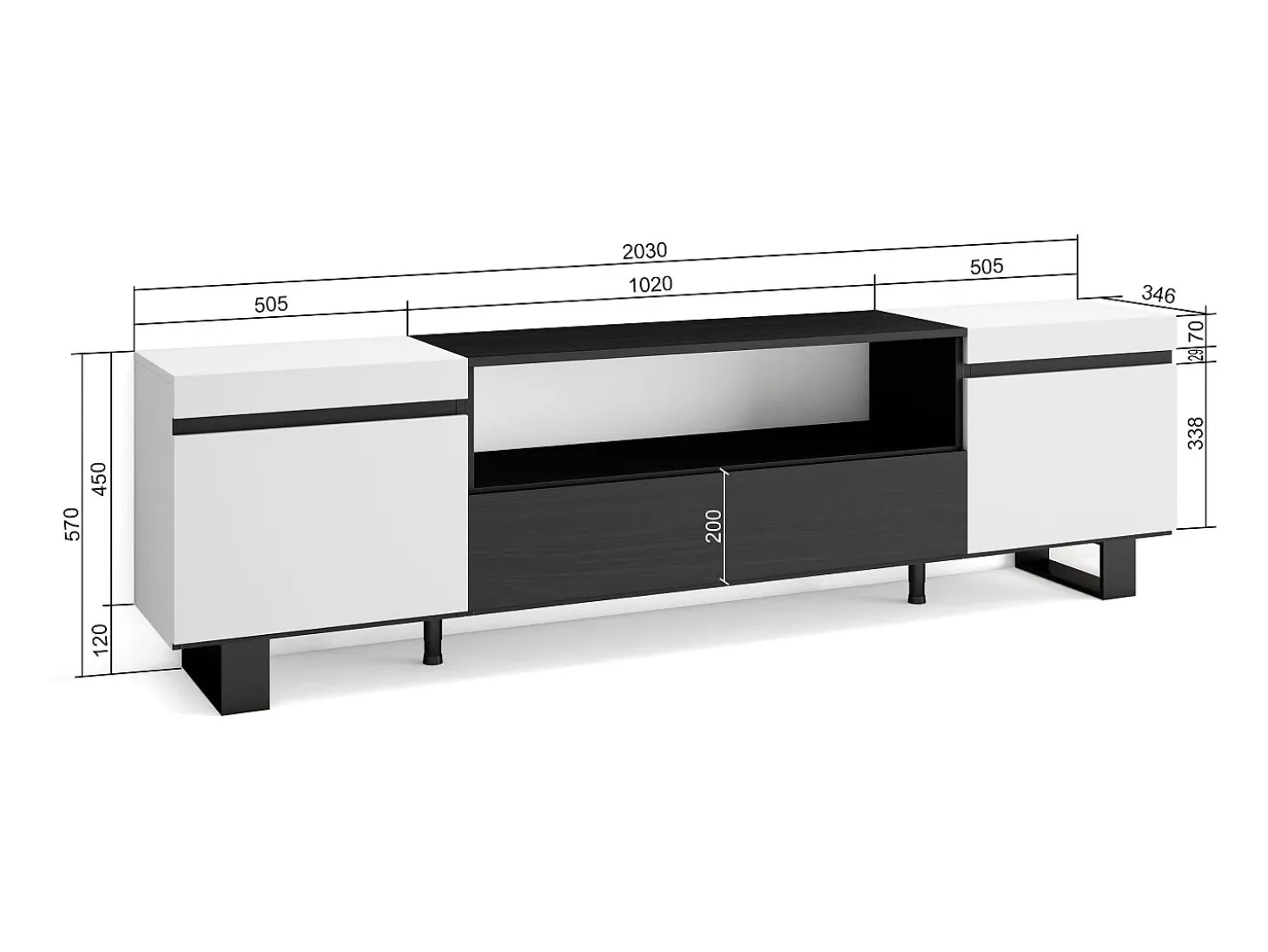 Mueble TV, Televisión, 200x35x57cm, Para TV hasta 80", Diseño industrial, Blanco y negro