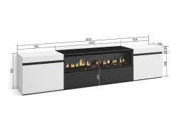 Mueble TV, Televisión, 200x35x45cm, Para TV hasta 80", Chimenea eléctrica, Blanco y negro