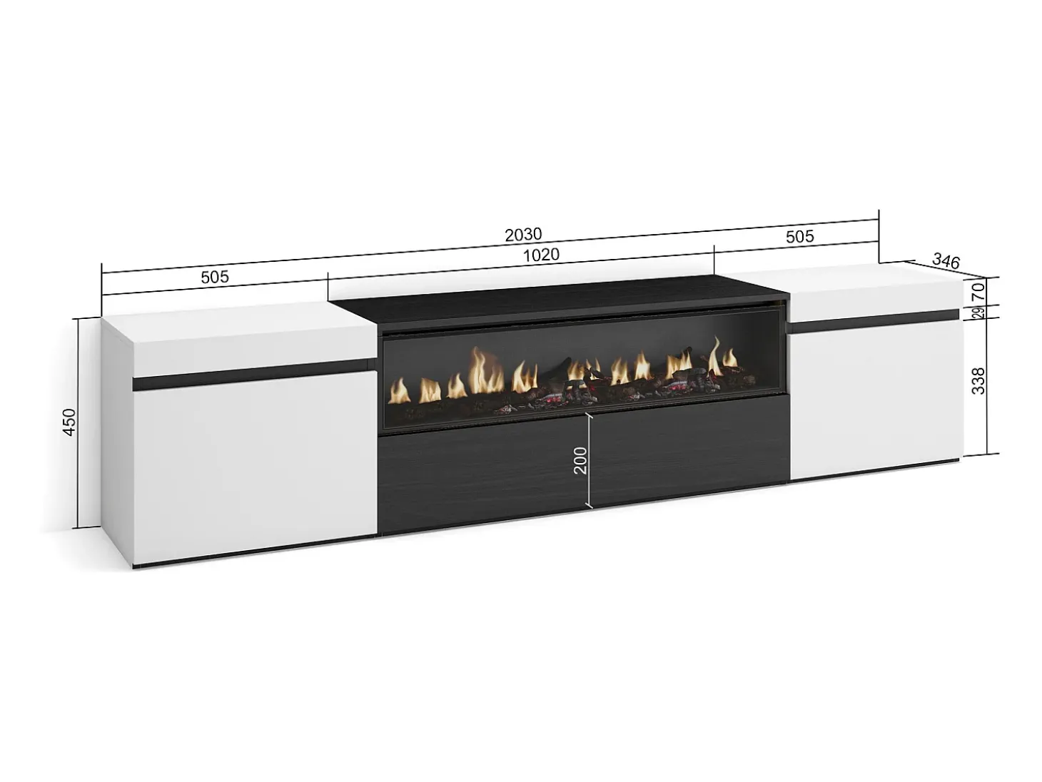 Mueble TV, Televisión, 200x35x45cm, Para TV hasta 80", Chimenea eléctrica, Blanco y negro