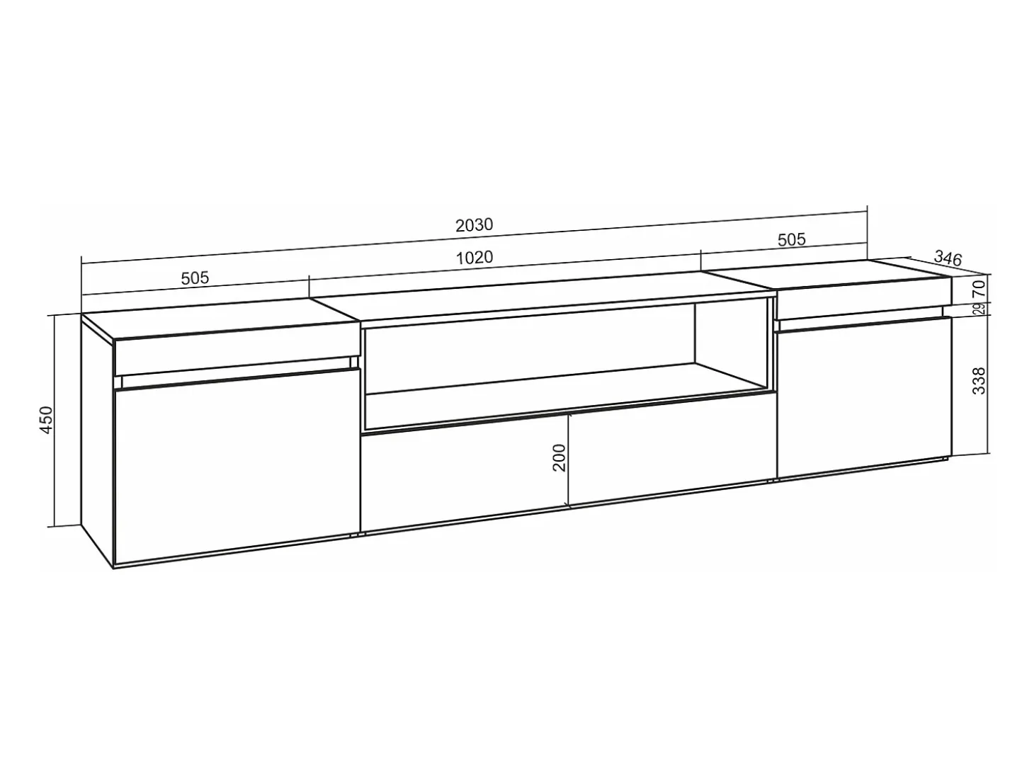 Mueble TV, Televisión, 200x35x45cm, Para TV hasta 80", Chimenea eléctrica, Blanco y negro