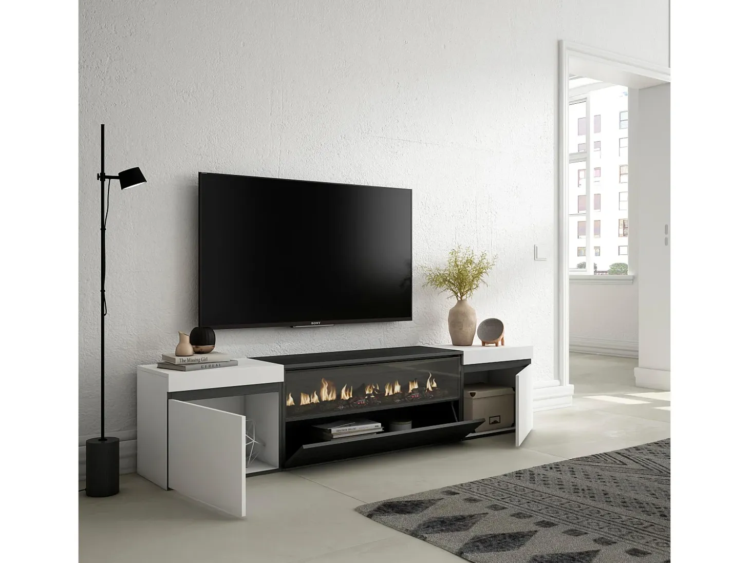 Mueble TV, Televisión, 200x35x45cm, Para TV hasta 80", Chimenea eléctrica, Blanco y negro