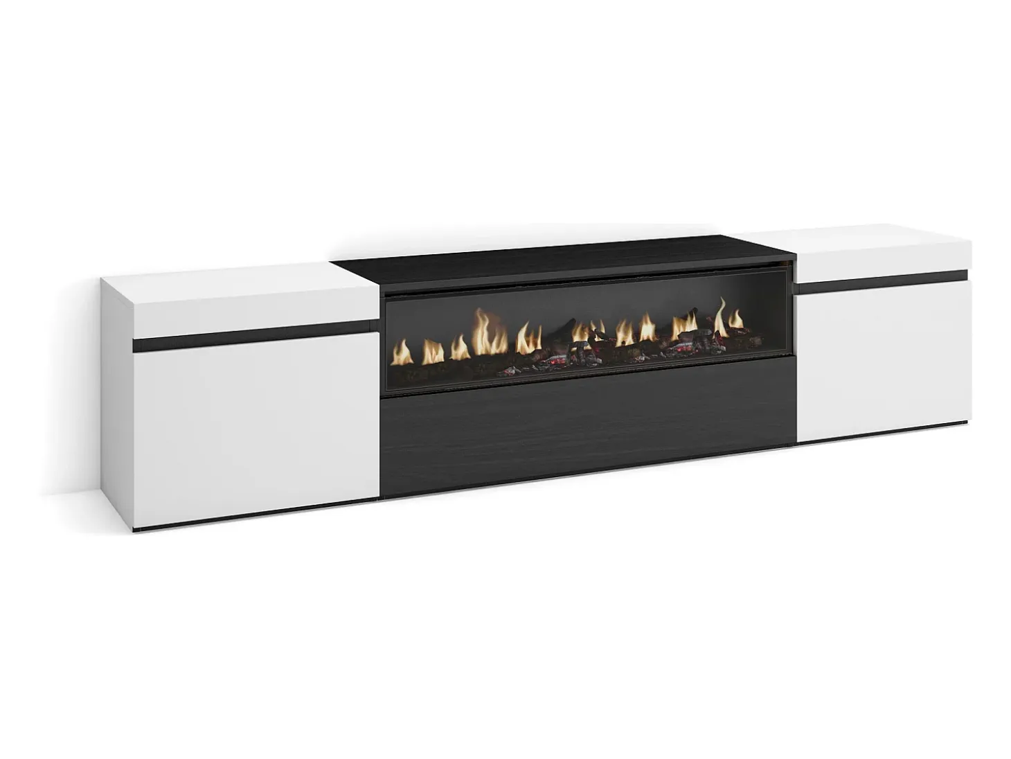 Mueble TV, Televisión, 200x35x45cm, Para TV hasta 80", Chimenea eléctrica, Blanco y negro