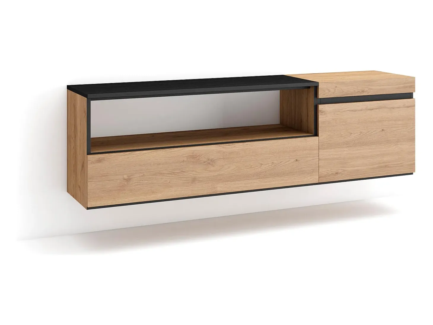 Mueble TV, Televisión, 150x35x45cm, Para TV hasta 65", Colgado, Suspendido, Roble y negro