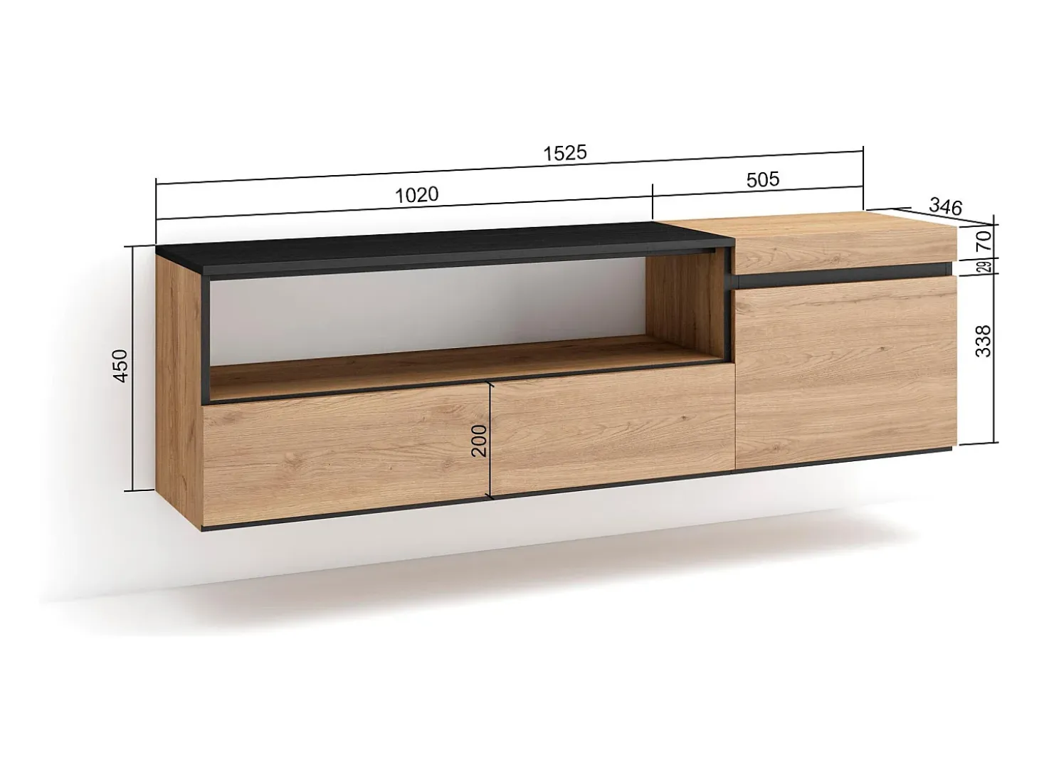 Mueble TV, Televisión, 150x35x45cm, Para TV hasta 65", Colgado, Suspendido, Roble y negro