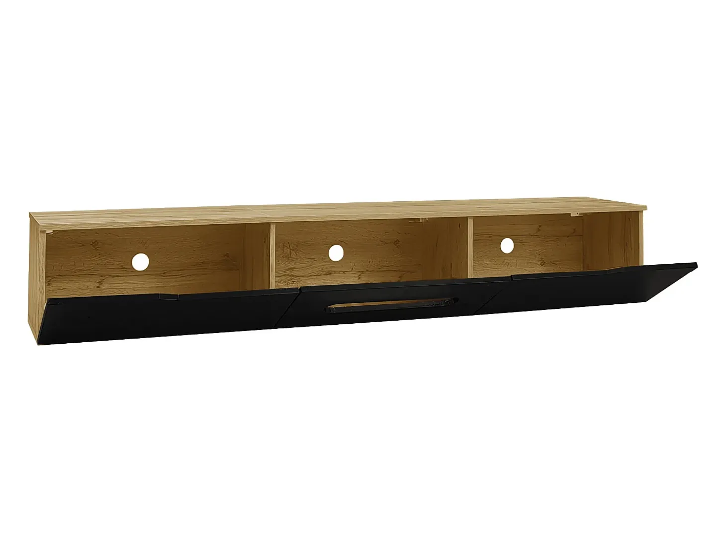 Mueble TV 180x35x30 cm - acabado brillante - con iluminación LED de 16 colores - montaje en pared - negro + natural