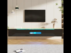 Mueble TV 180x35x30 cm - acabado brillante - con iluminación LED de 16 colores - montaje en pared - negro + natural