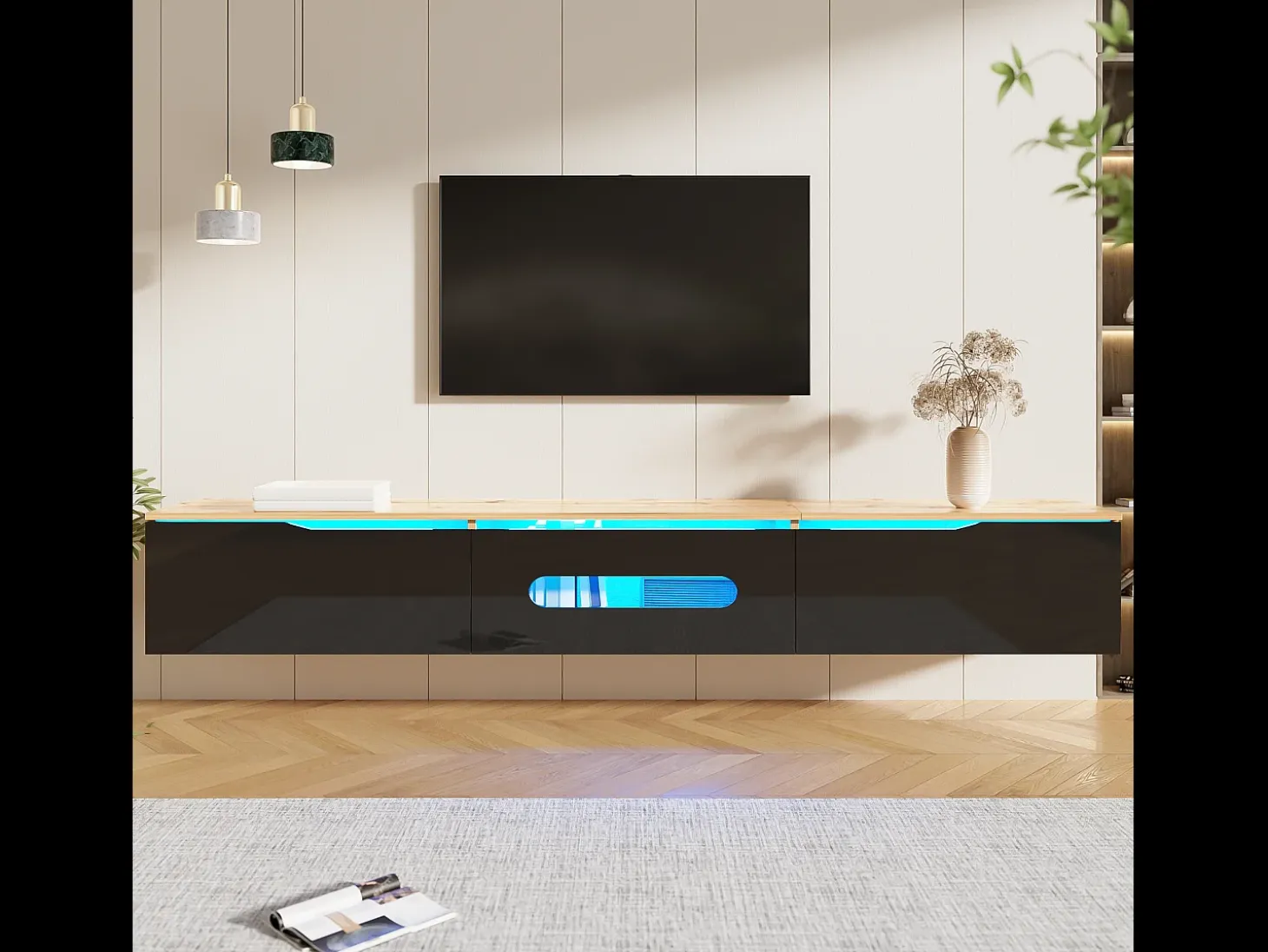 Mueble TV 180x35x30 cm - acabado brillante - con iluminación LED de 16 colores - montaje en pared - negro + natural