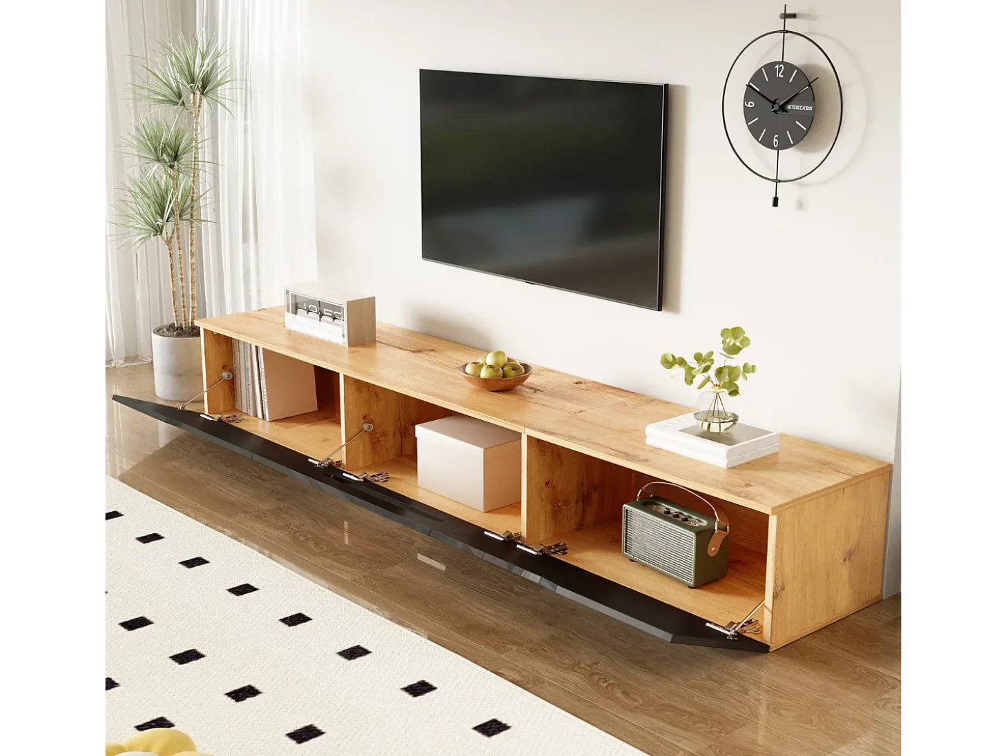 Mueble TV 180x35x30 cm - acabado brillante - con iluminación LED de 16 colores - montaje en pared - negro + natural