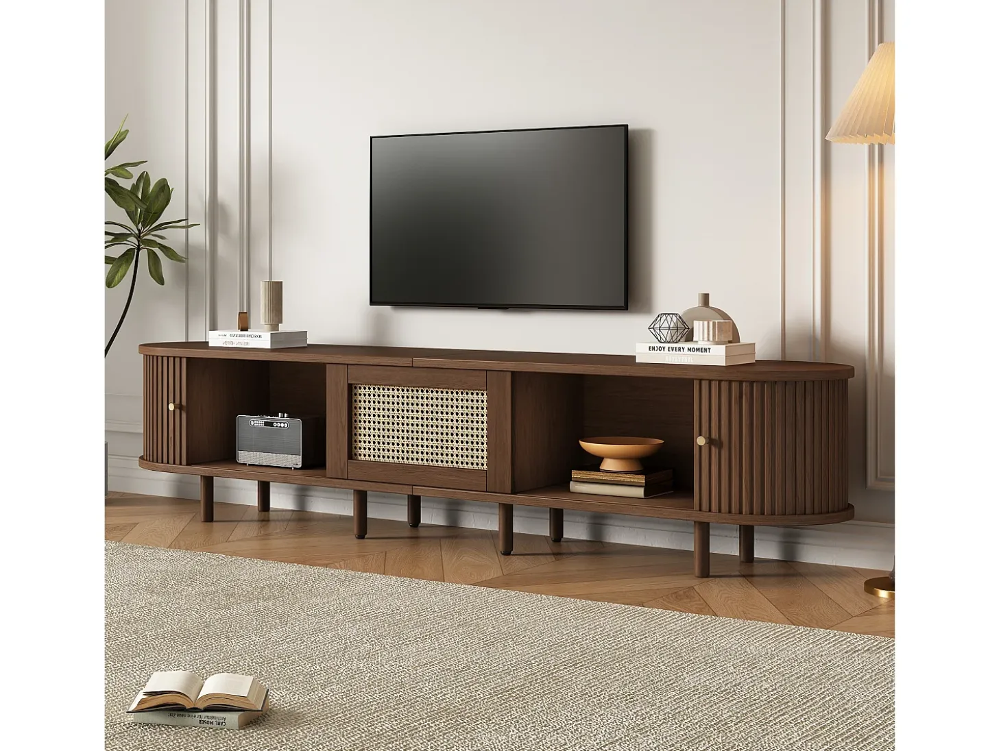 Mueble TV 180x40x40 cm - diseño ratán - pies ajustables - con 2 puertas - marrón
