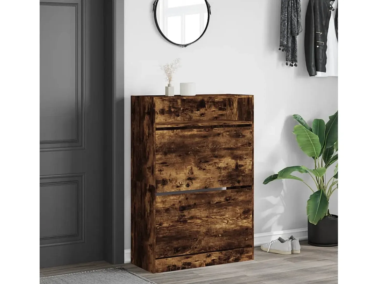 Mueble zapatero 2 cajones abatibles roble ahumado 80x34x116 cm ES232477