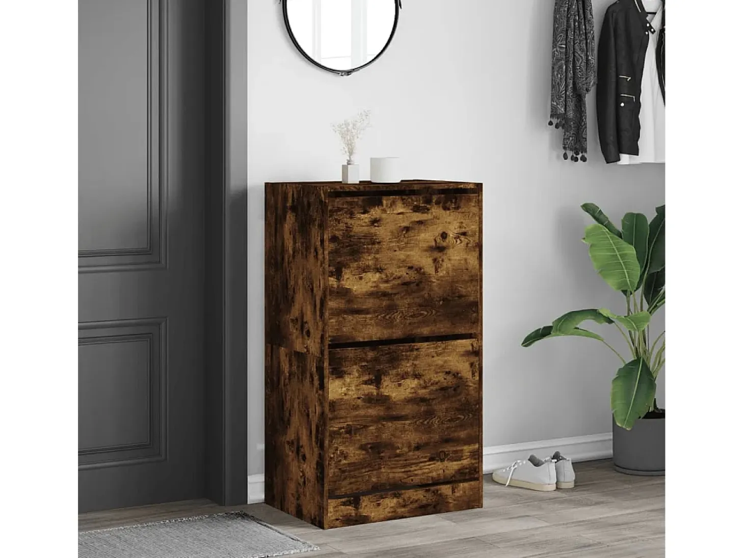 Mueble zapatero 2 cajones abatibles roble ahumado 60x42x108 cm ES218249