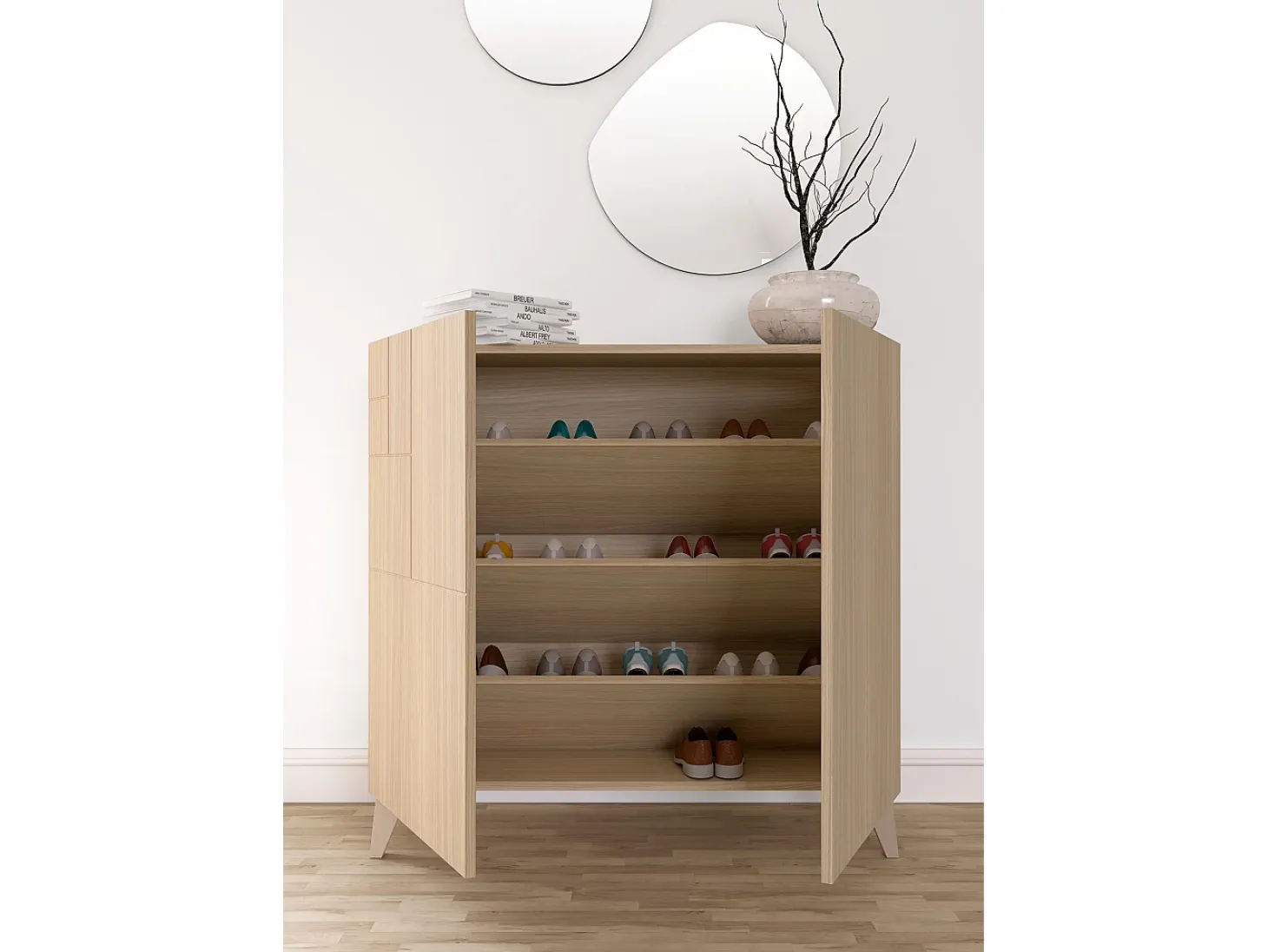 Mueble zapatero almacenaje - A87cm x L90cm x F27cm nogal claro - Bergen