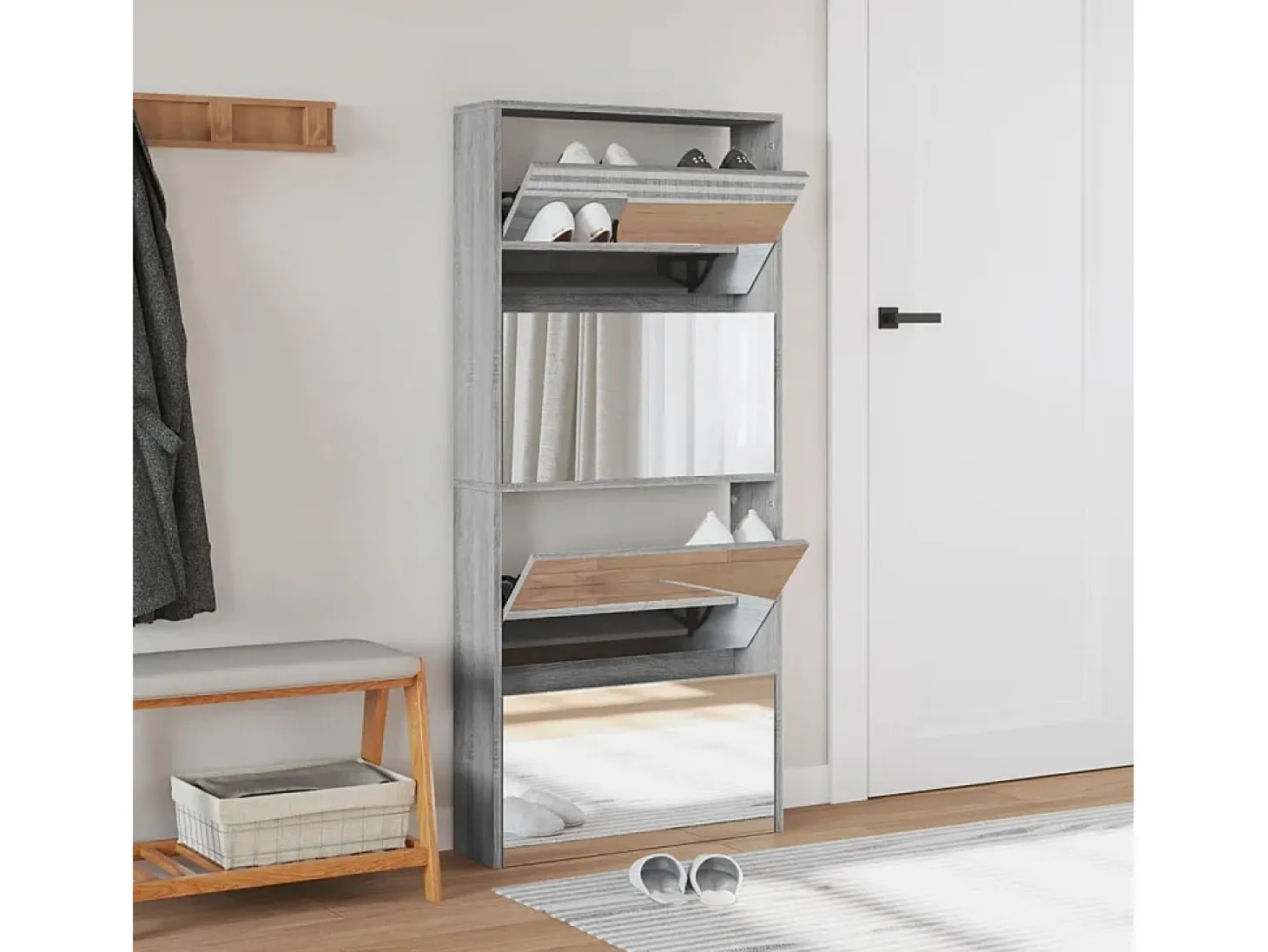 Mueble zapatero con espejo 4 niveles gris Sonoma 63x17x134 cm ES288963