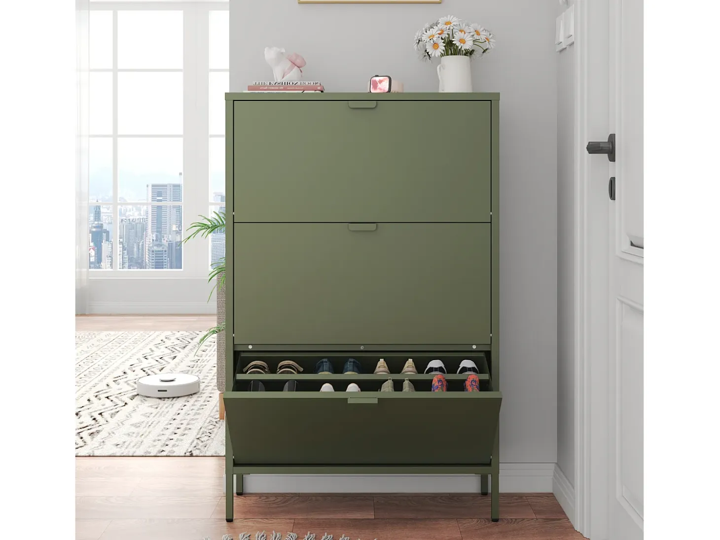 Mueble zapatero de metal verde caqui de 3 puertas MARION - HAPPY GARDEN