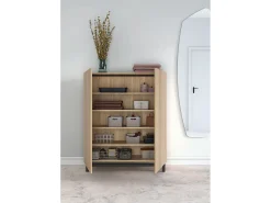 Mueble zapatero/armario - A112cm x L90cm x P27cm roble dorado puertas impresión vallado patas gris grafito - Lofoten