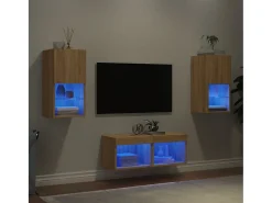 Muebles TV de pared con luces LED 4 piezas roble Sonoma ES73787