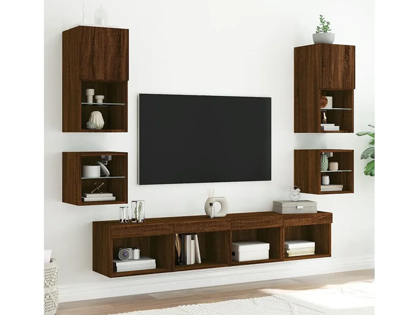 Muebles TV de pared luces LED 2 uds roble marrón 30x28,5x30 cm ES14668