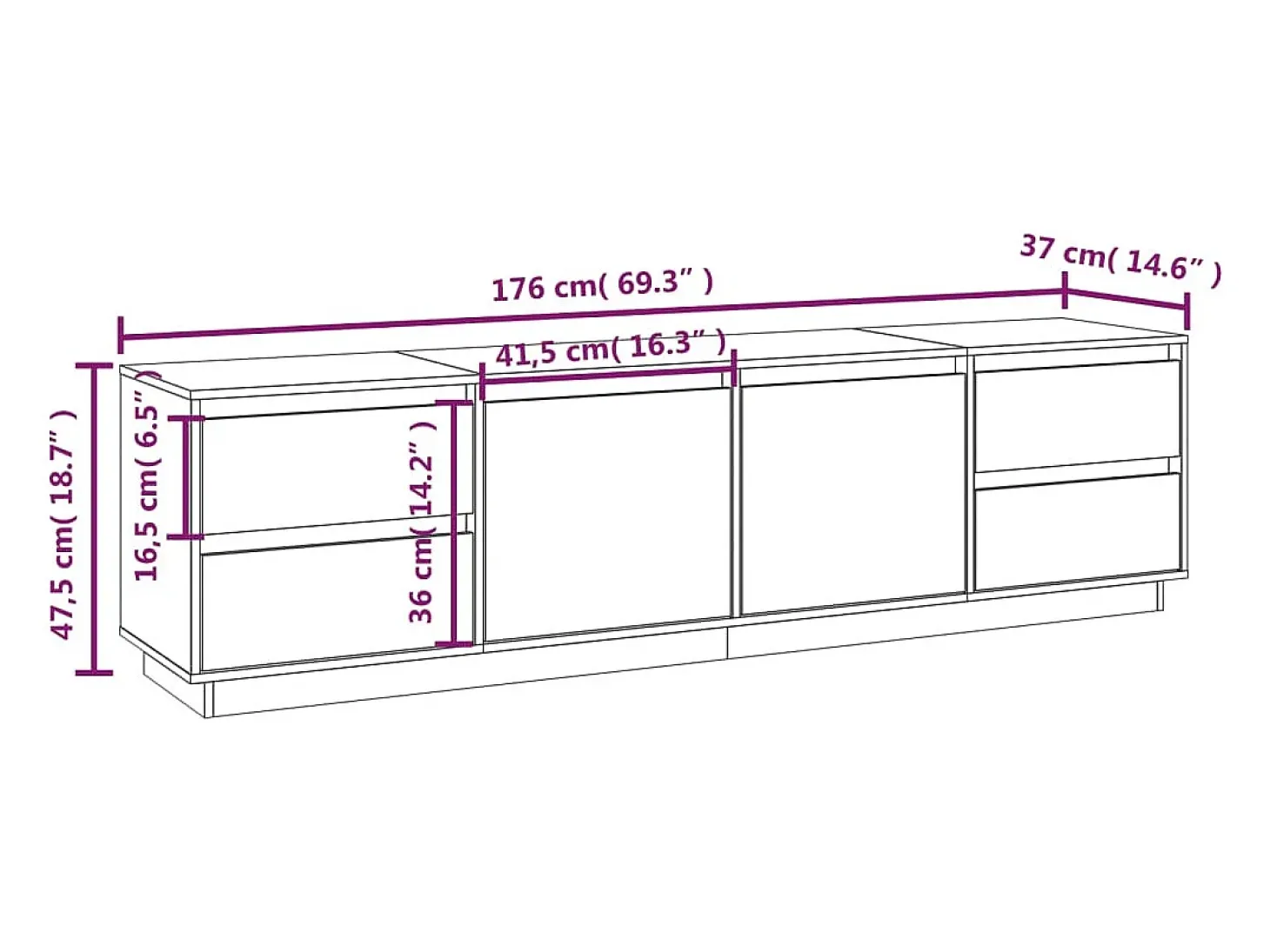 Orvil Mueble de TV madera maciza de pino blanco 176x37x47,5 cm