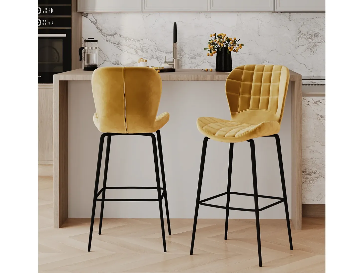 Pack de 4 sillas de bar de terciopelo amarillo y azul 75 cm - Mazzia