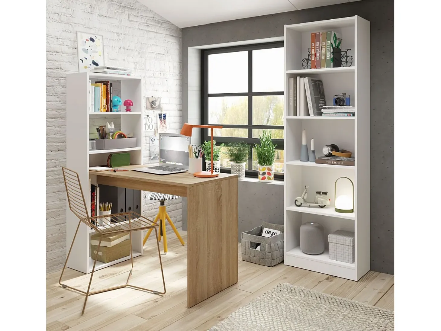 Pack escritorio y estantería Cosmic Plus Blanco Artik (Blanco Mate) - Roble Canadian
