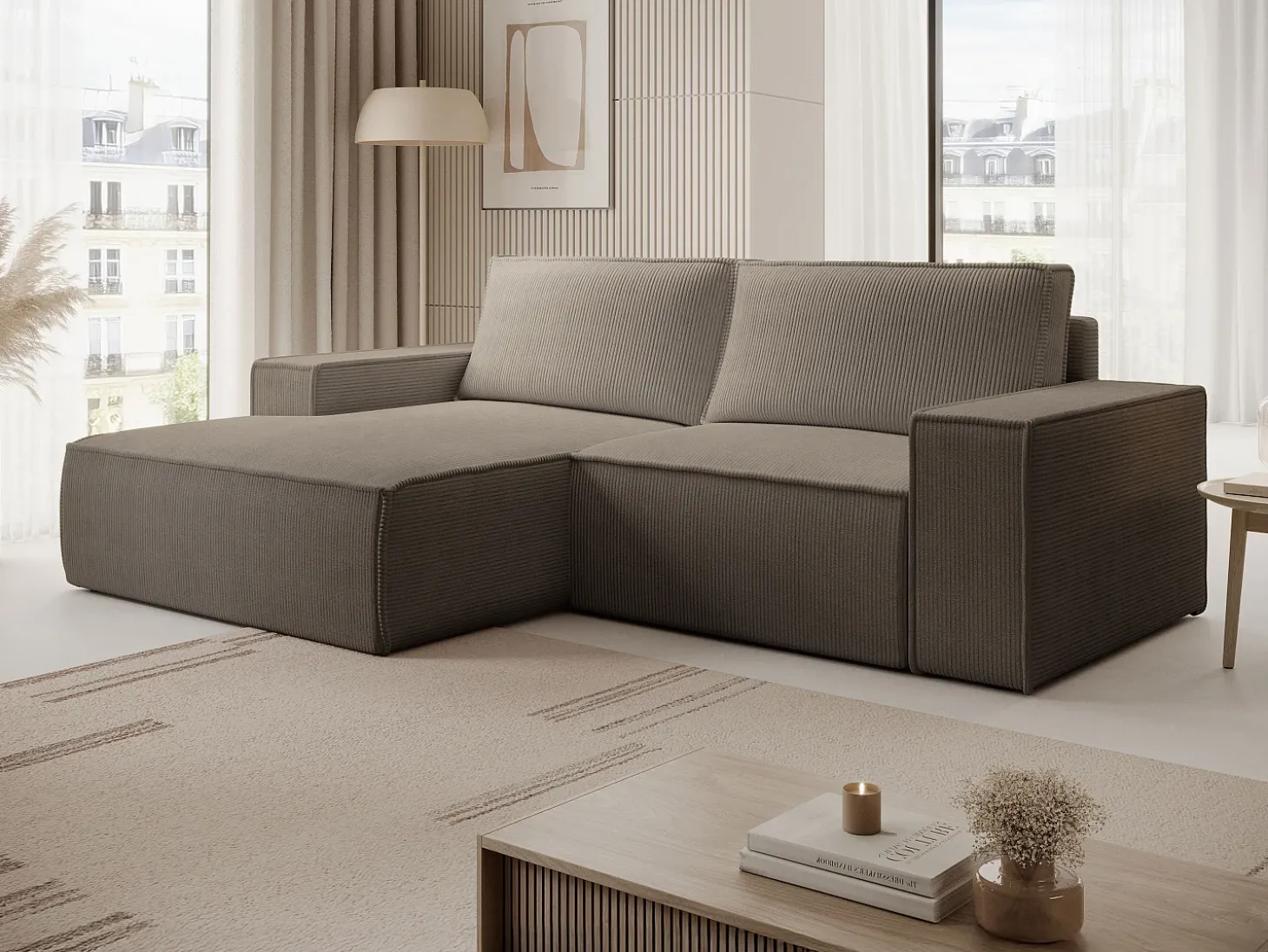 Pequeño Sofá cama rinconera izquierda de pana color beige AMELIA