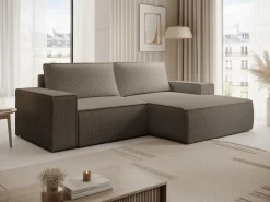 Pequeño Sofá cama rinconera derecha de pana beige AMELIA
