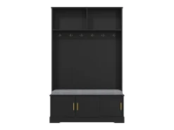 Perchero con banco zapatero, 6 ganchos triples, independiente, diseño moderno, aglomerado, negro (120x40x191 cm)
