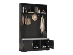 Perchero con banco zapatero, 6 ganchos triples, independiente, diseño moderno, aglomerado, negro (120x40x191 cm)