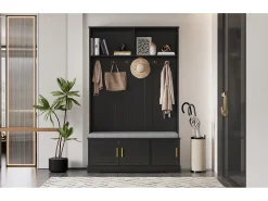 Perchero con banco zapatero, 6 ganchos triples, independiente, diseño moderno, aglomerado, negro (120x40x191 cm)