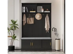 Perchero con banco zapatero, 6 ganchos triples, independiente, diseño moderno, aglomerado, negro (120x40x191 cm)