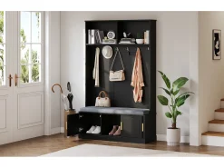 Perchero con banco zapatero, 6 ganchos triples, independiente, diseño moderno, aglomerado, negro (120x40x191 cm)