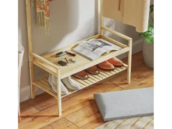 Perchero con banco zapatero, fabricado en bambú natural, con cojín y estantes (73,5x34x171 cm)