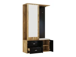 Perchero con espejo, banco zapatero y barra retráctil para ropa - negro y natural
