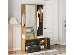 Perchero con espejo, banco zapatero y barra retráctil para ropa - negro y natural