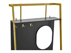 Perchero con zapatero de dos puertas, ganchos metálicos y espejo - negro y dorado