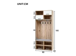 Perchero de entrada moderno 80x30x185 cm - con 5 ganchos y 2 puertas - 6 espacios de almacenamiento abiertos - Natural