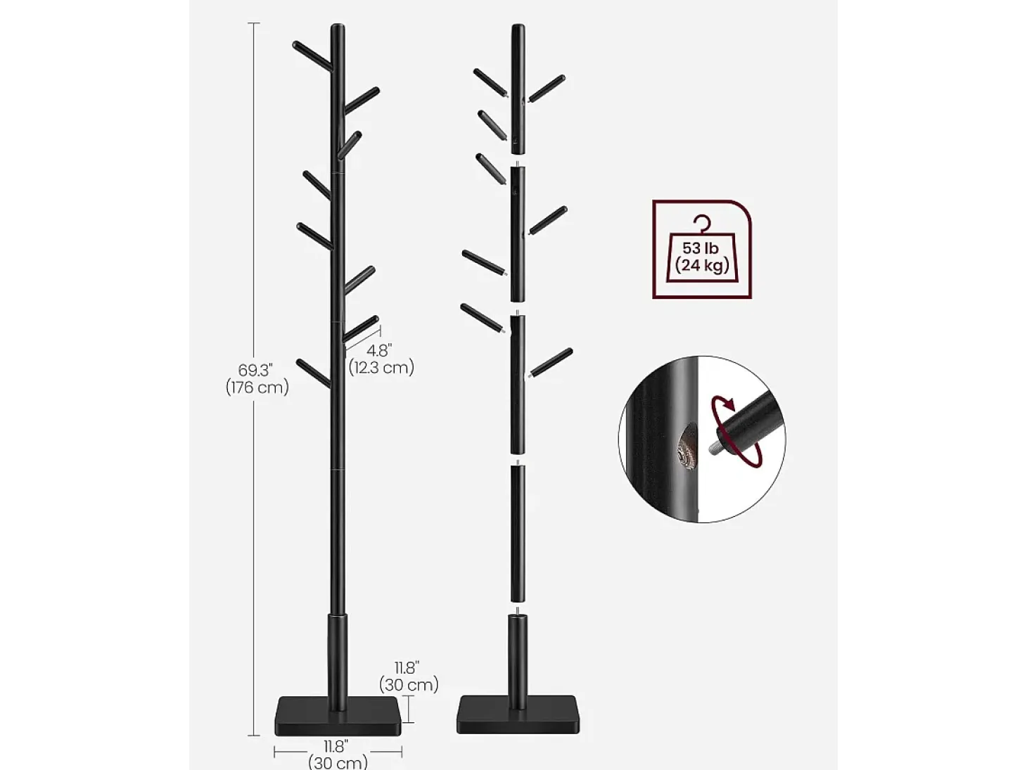 Perchero de madera maciza Parya Home con forma de árbol y 8 ganchos estructura de madera de caucho negra