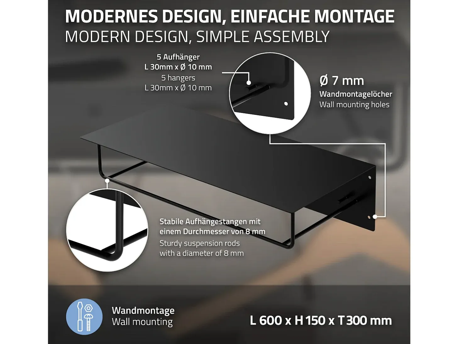 Perchero de pared con barra de colgar y estante flotante negro metal 60x30x15 cm