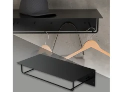 Perchero de pared con barra de colgar y estante flotante negro metal 60x30x15 cm