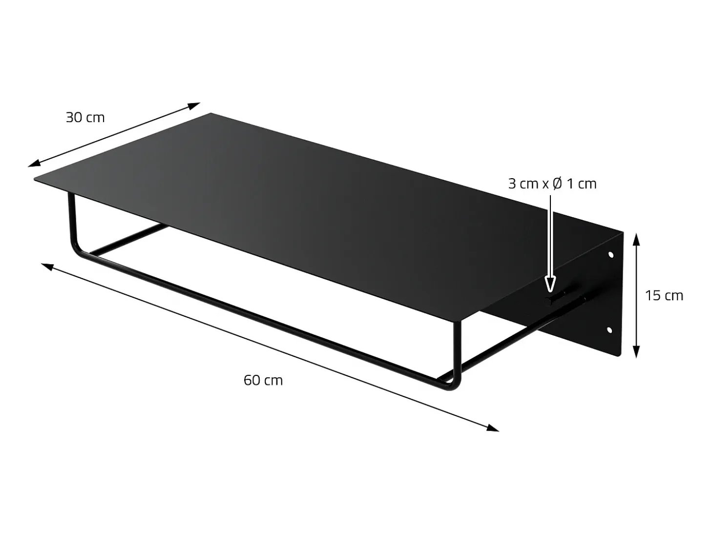 Perchero de pared con barra de colgar y estante flotante negro metal 60x30x15 cm