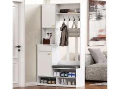 Perchero de pasillo con banco tapizado, 4 ganchos, cajones y puertas - blanco - 100x35x180 cm
