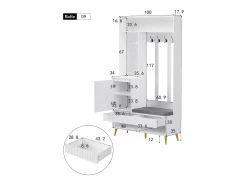 Perchero de pasillo con banco tapizado, 4 ganchos, 2 cajones - blanco - 100x35x180 cm