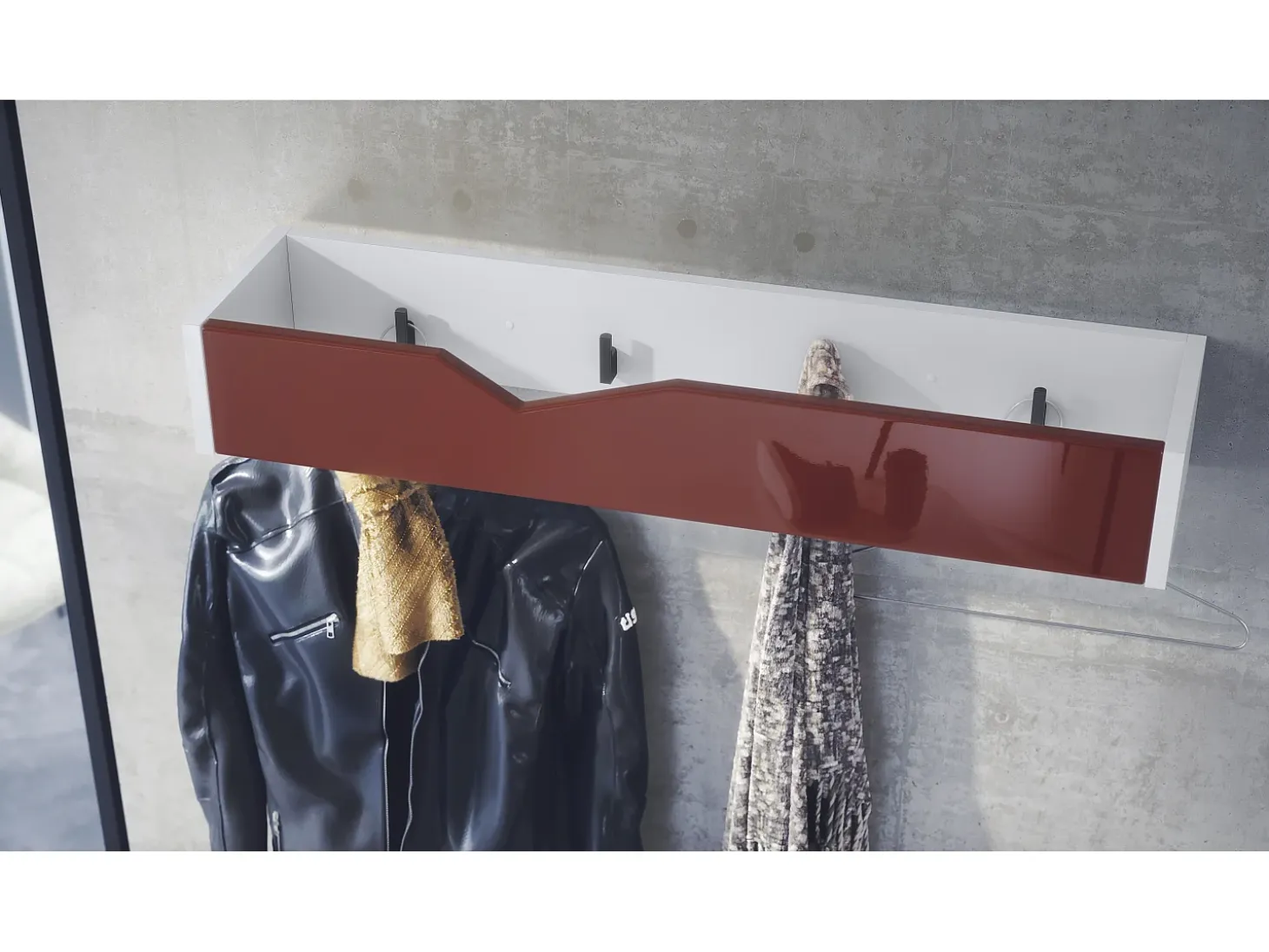 Perchero gancho de pared panel para colgar ropa Kolmio, cuerpo en blanco mate, frente en burdeos de alto brillo 83,5 x 12,5 x 21 cm