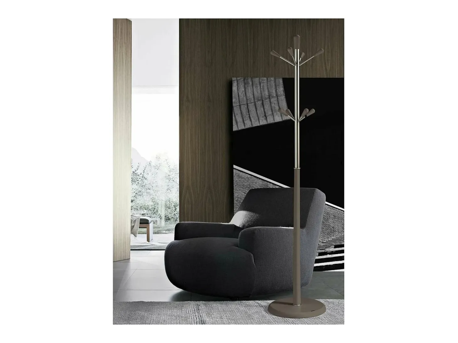 Perchero moderno mod. 414 herrajes cromo satinado lacado moka, 180 cm(alto)37 cm(ancho)37