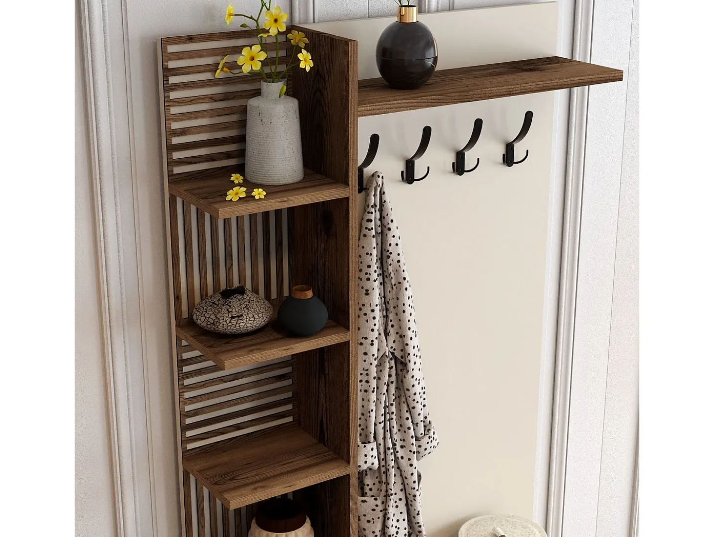 Perchero móvil para entrada con zapatero y estantes 90x200cm Viyana S - Beige