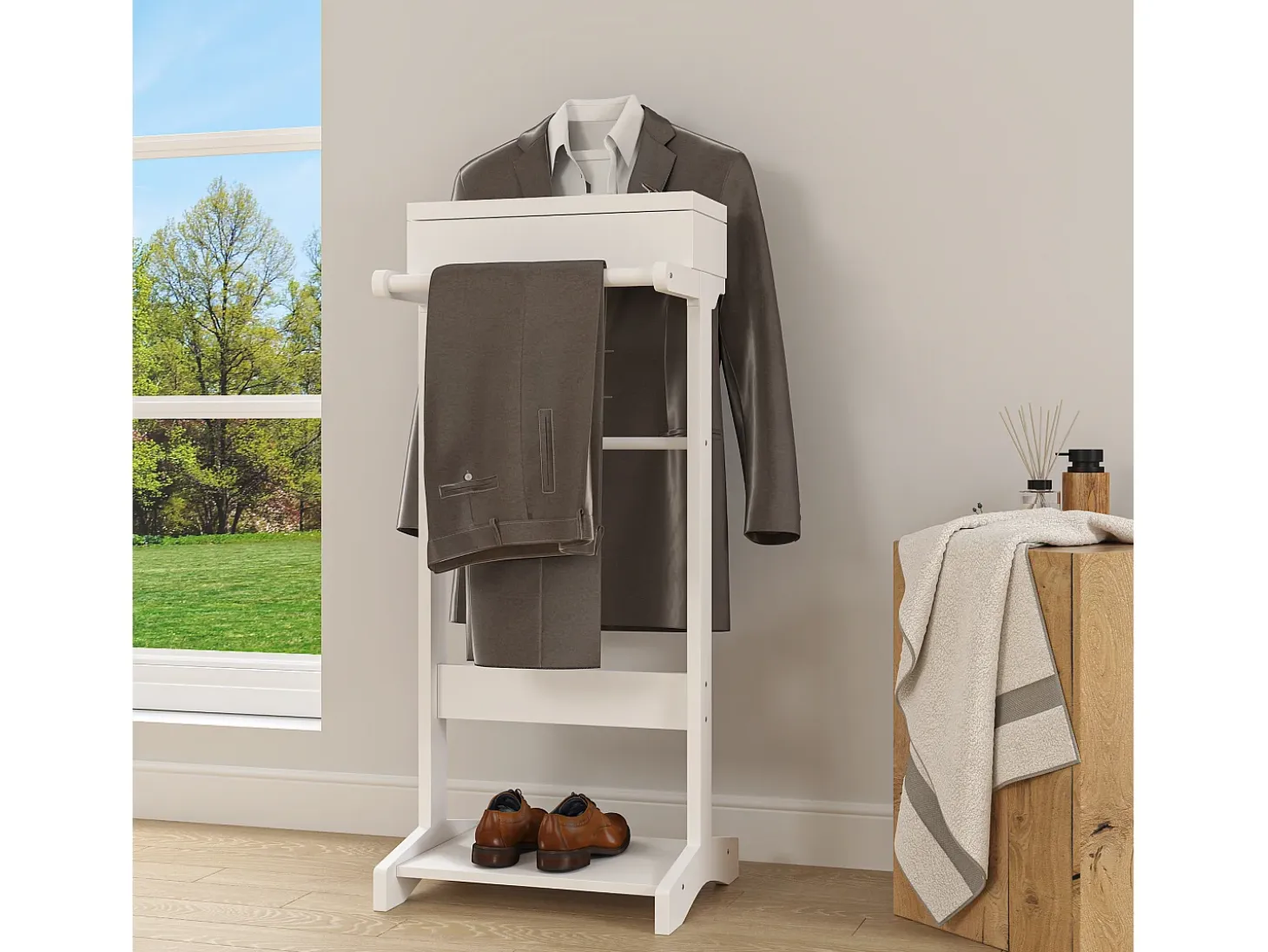 Perchero portátil con almacenaje, diseño multifuncional, MDF y madera maciza, blanco (44x36,5x110 cm)