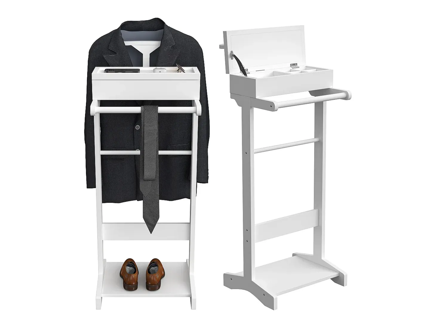 Perchero portátil con almacenaje, diseño multifuncional, MDF y madera maciza, blanco (44x36,5x110 cm)