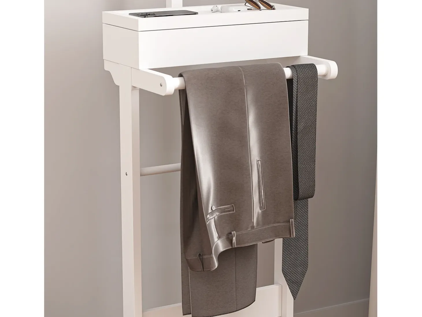Perchero portátil con almacenaje, diseño multifuncional, MDF y madera maciza, blanco (44x36,5x110 cm)